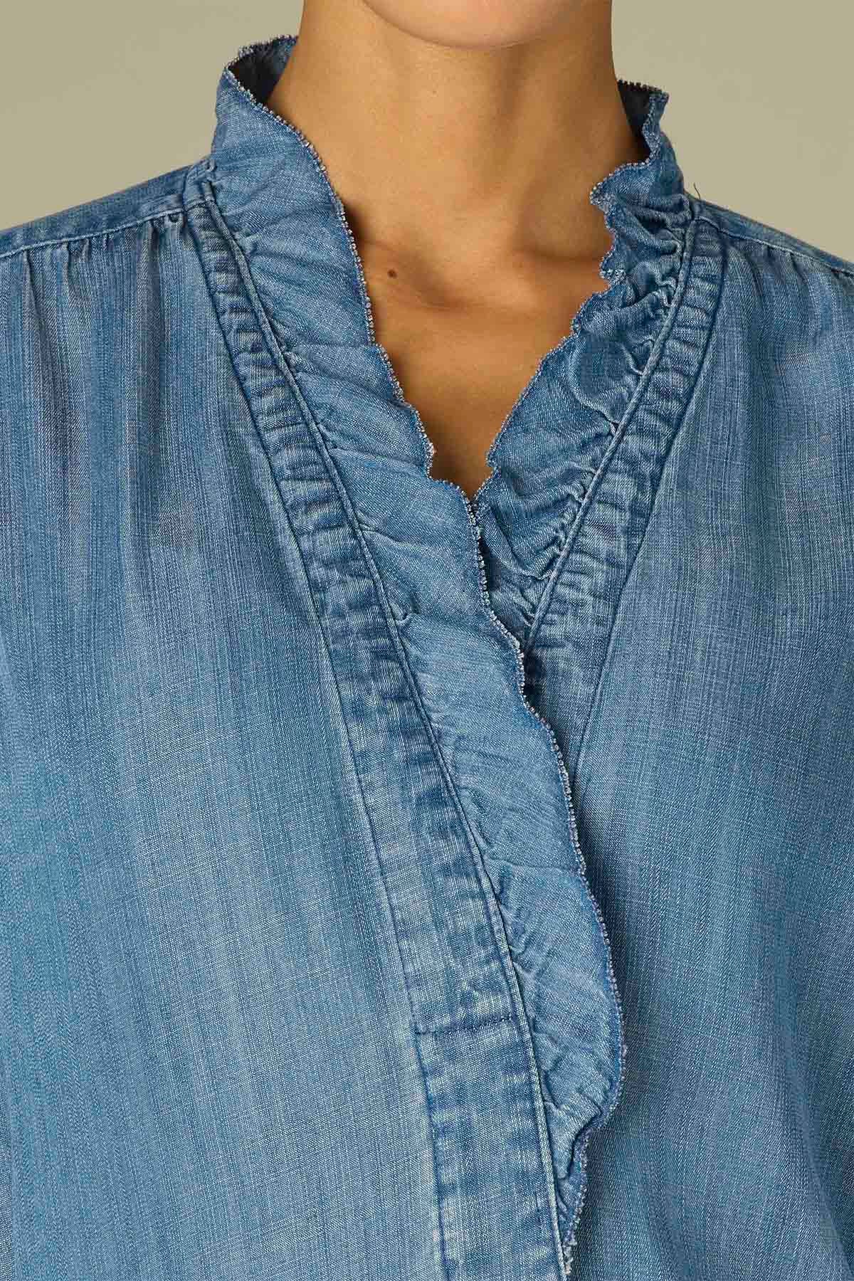 Ruffle Collar Button Down Denim Top