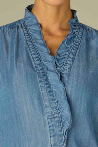Ruffle Collar Button Down Denim Top