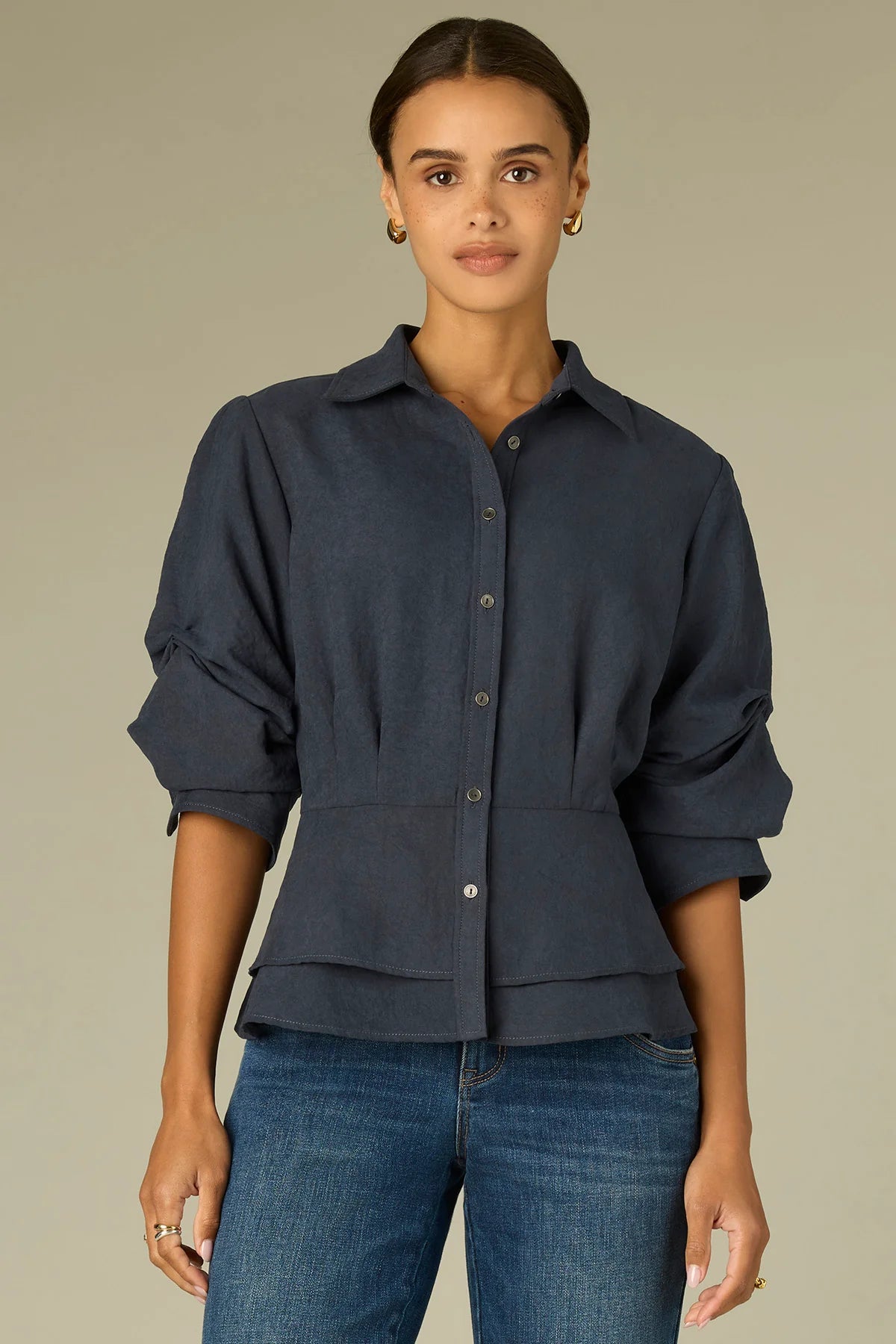 Pleated Sleeve Peplum Suede Top-Blue