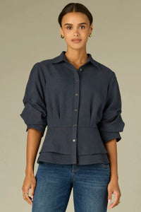 Pleated Sleeve Peplum Suede Top-Blue
