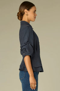 Pleated Sleeve Peplum Suede Top-Blue
