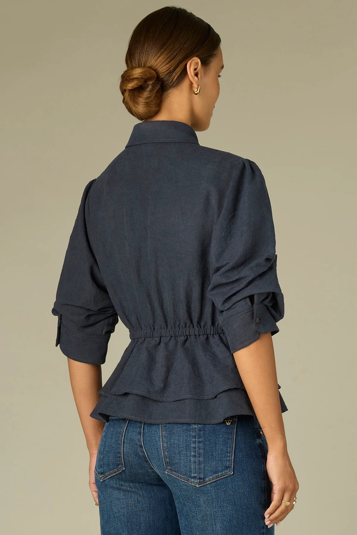 Pleated Sleeve Peplum Suede Top-Blue