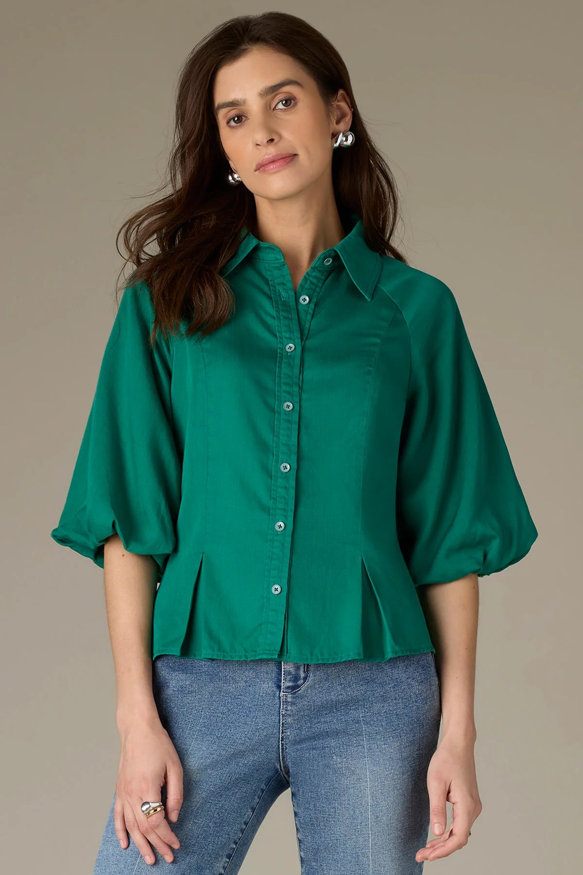 Elbow Bubble Sleeve Button Down-Green