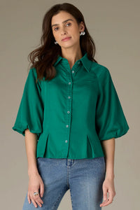Elbow Bubble Sleeve Button Down-Green