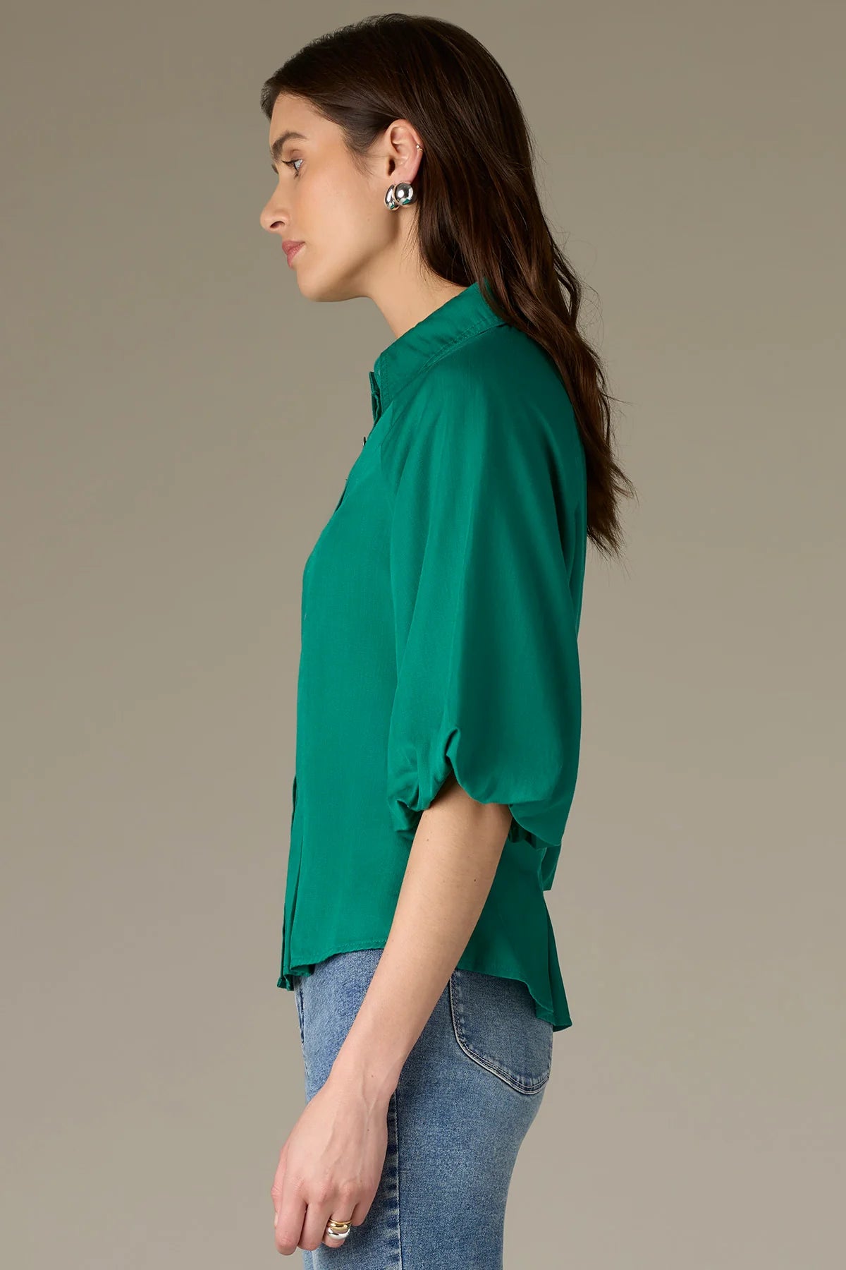 Elbow Bubble Sleeve Button Down-Green