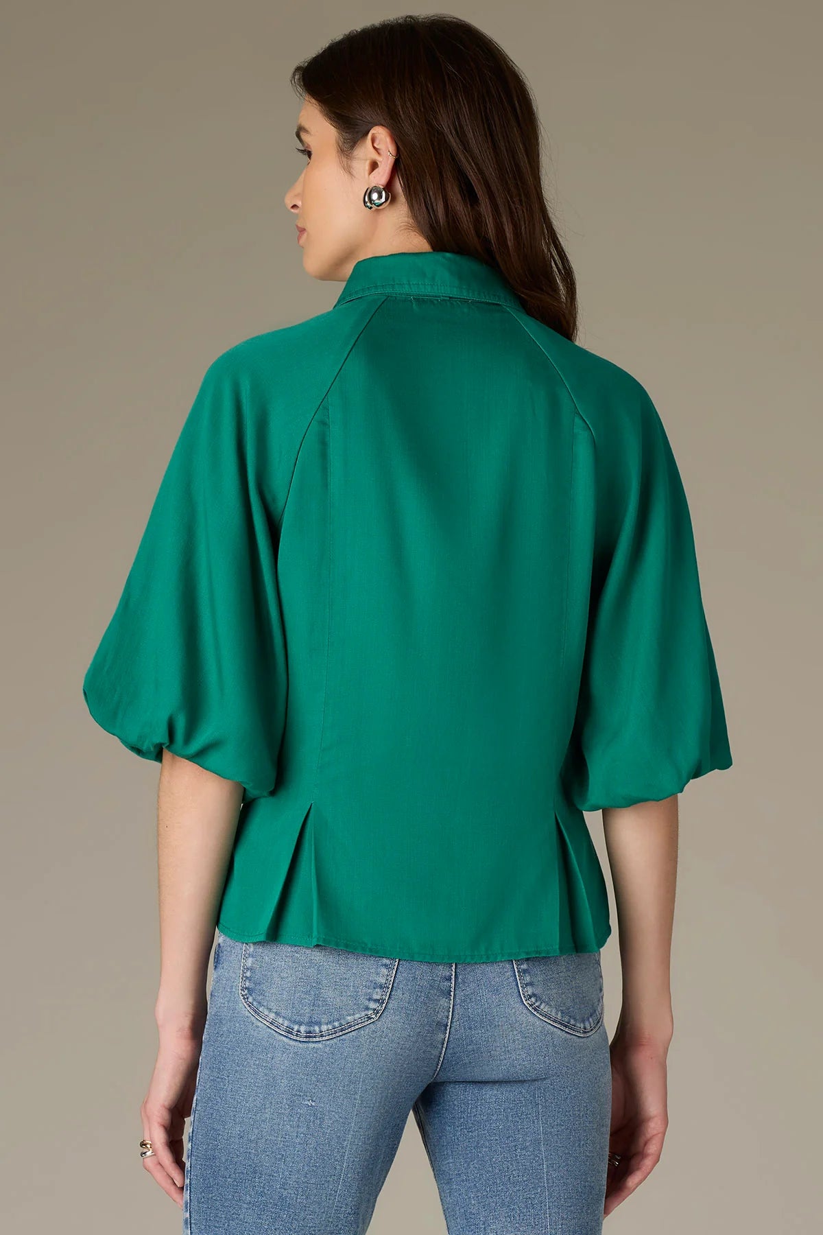 Elbow Bubble Sleeve Button Down-Green