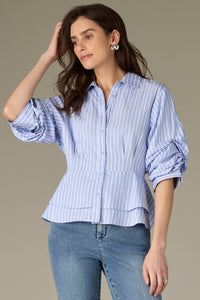 Pleated Sleeve Button Down w/Peplum Waist Blouse