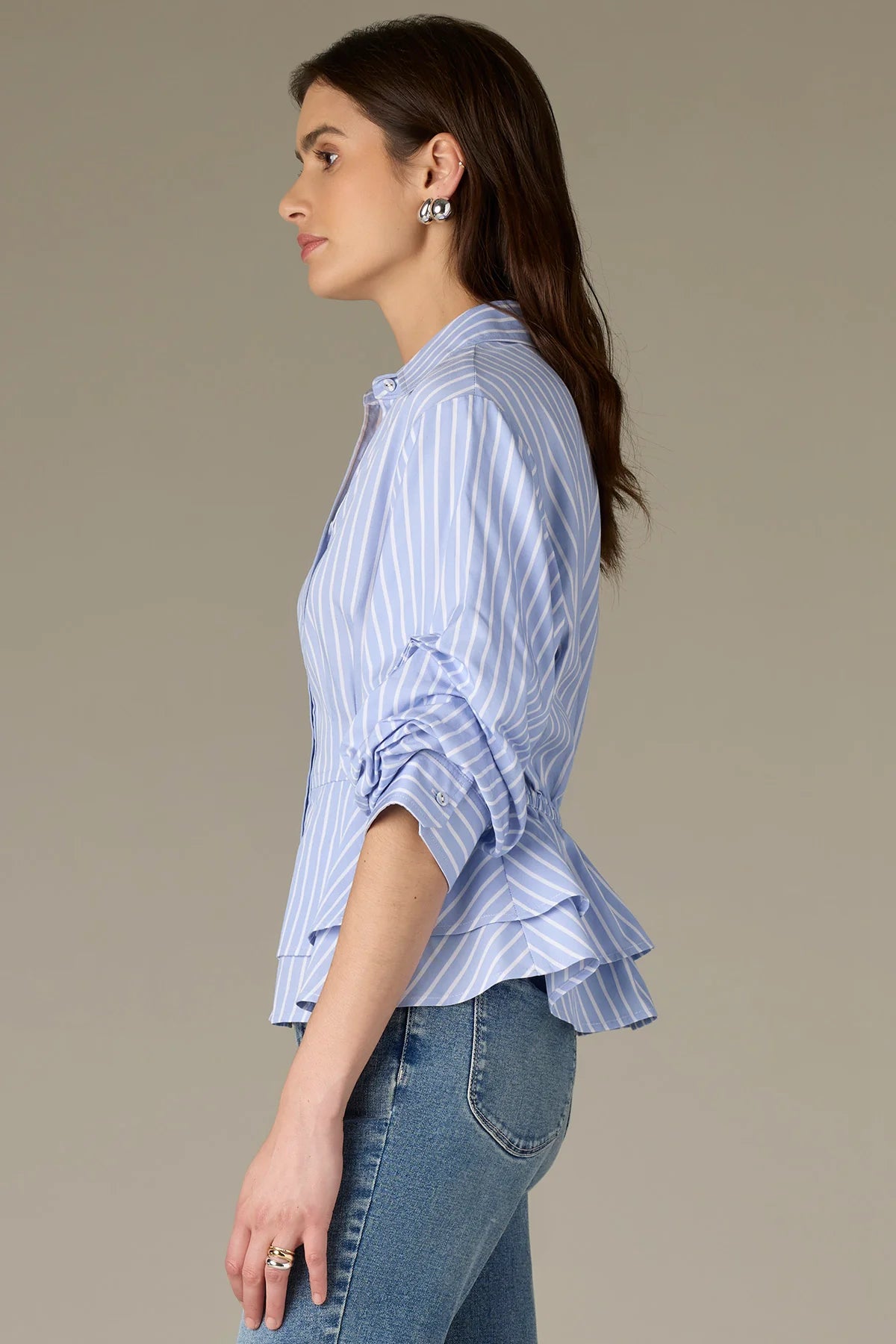 Pleated Sleeve Button Down w/Peplum Waist Blouse