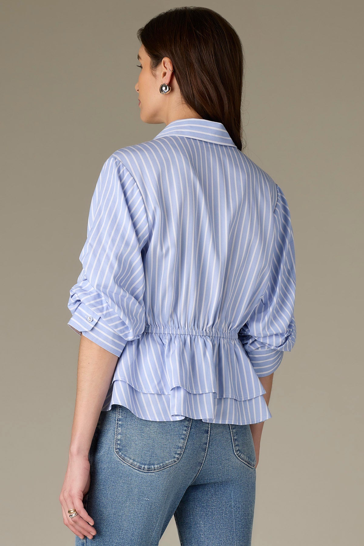 Pleated Sleeve Button Down w/Peplum Waist Blouse