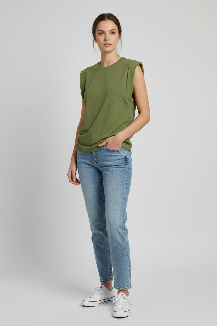 Cuffed Cap Sleeve Knit Top-Moss