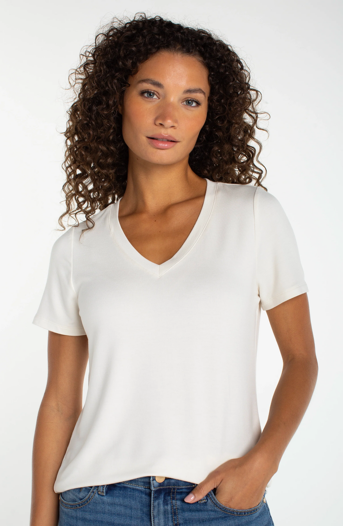 Liverpool V-neck Knit Tee French Cream