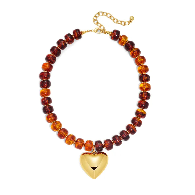 Chunky Bead Necklace w/Puffed Heart