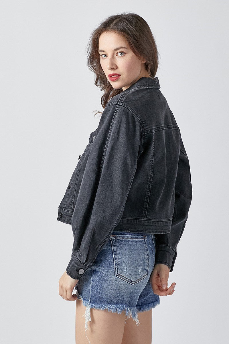 Balloon Sleeve Denim Jacket-Black
