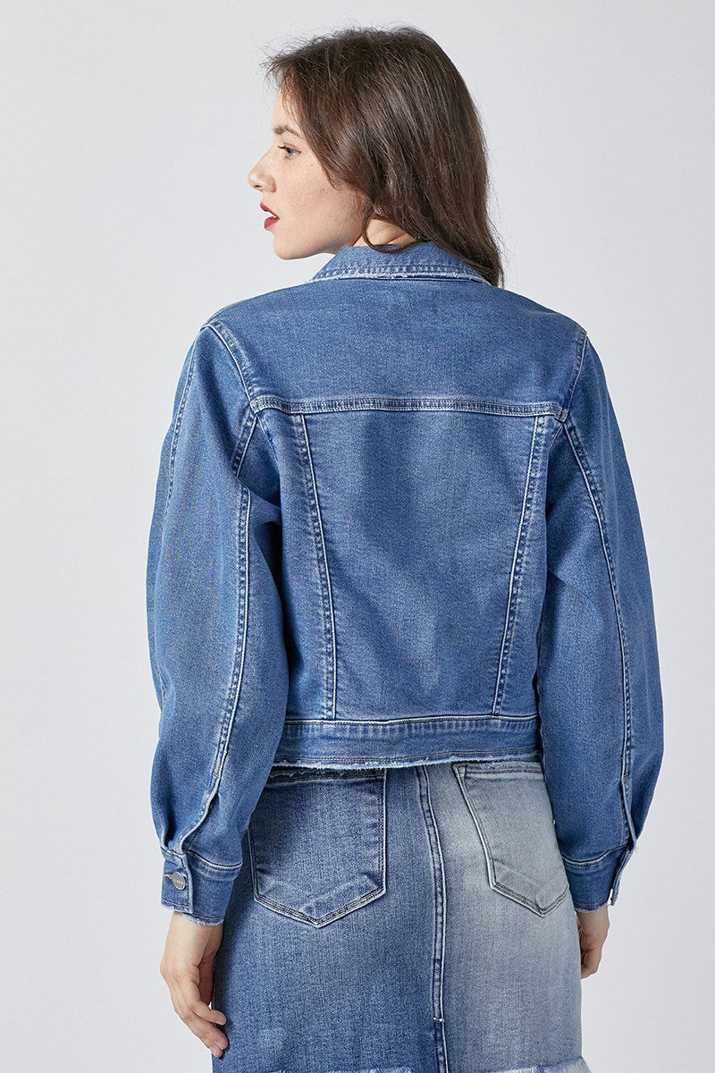 Balloon Sleeve Denim Jacket-Medium Wash