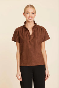 Suede Ruffle Collar Top-Brown