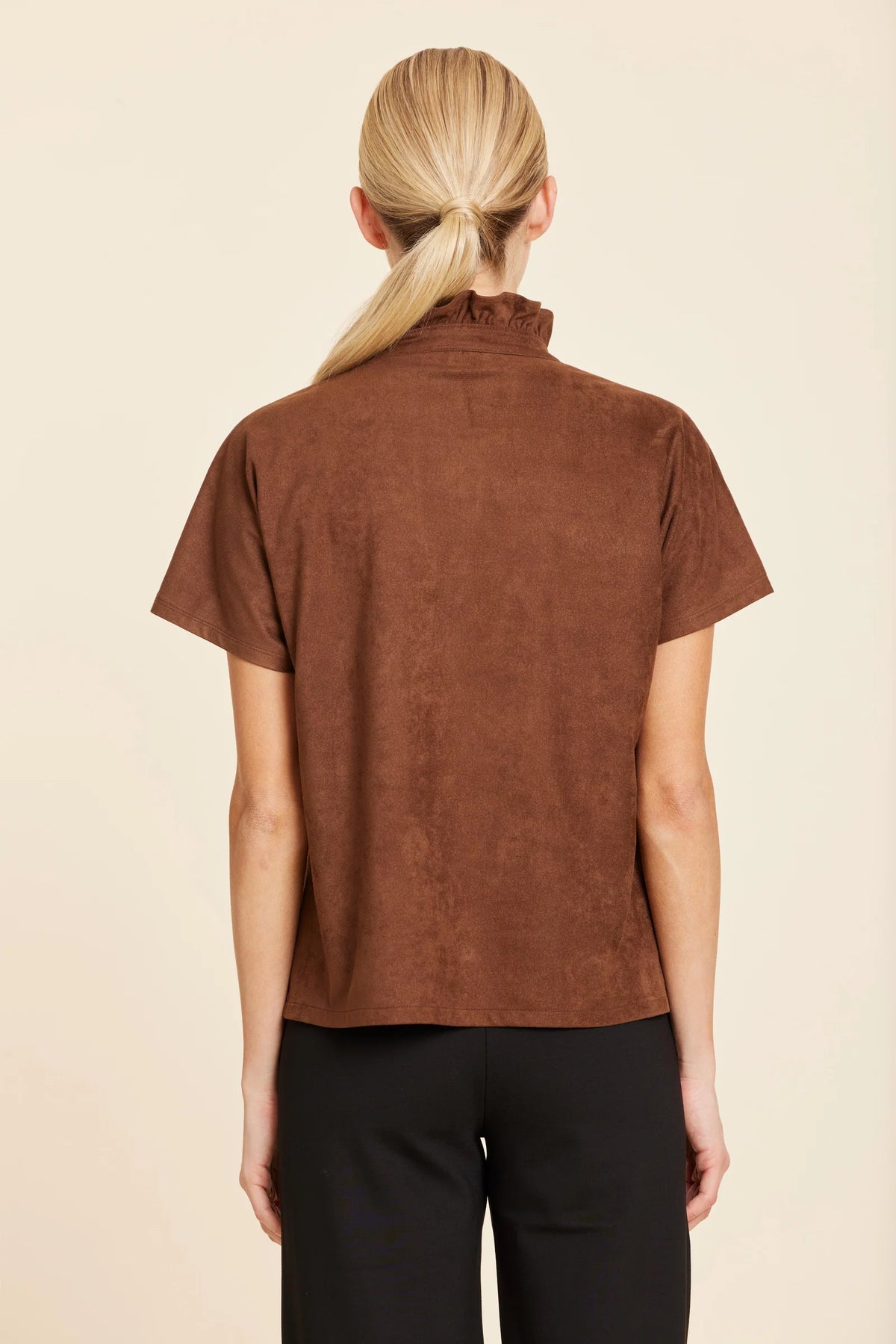 Suede Ruffle Collar Top-Brown