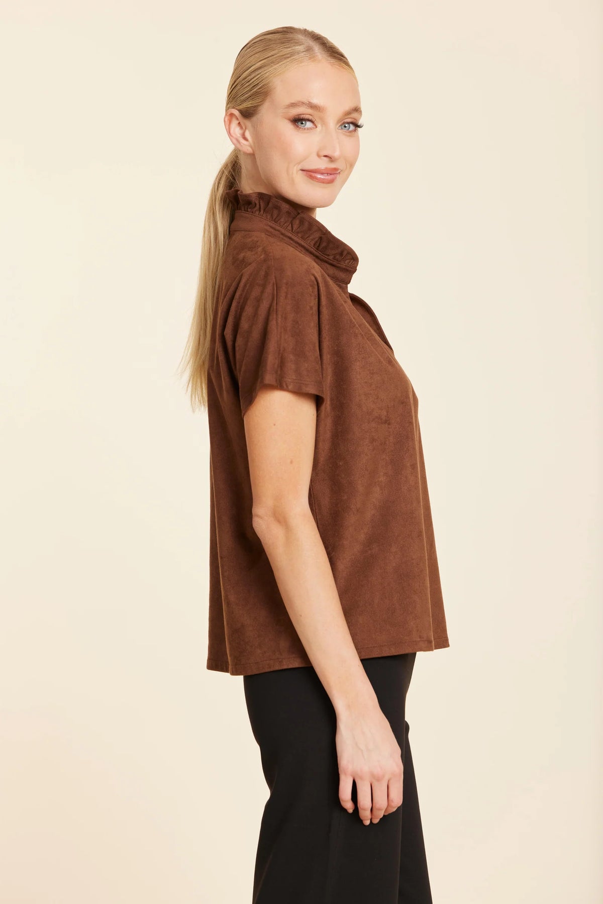 Suede Ruffle Collar Top-Brown