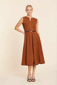 Faux Suede Belted Midi Dress-Rust