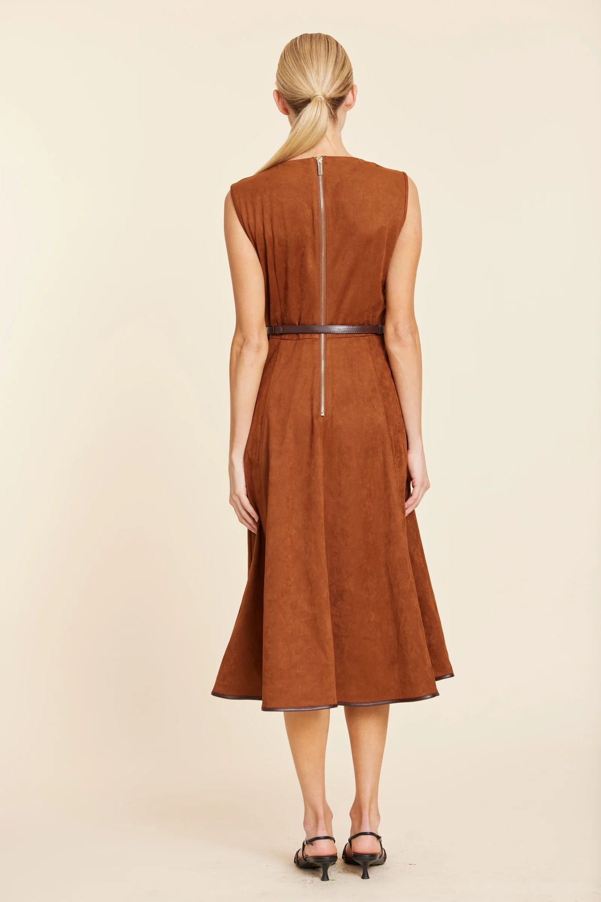 Faux Suede Belted Midi Dress-Rust
