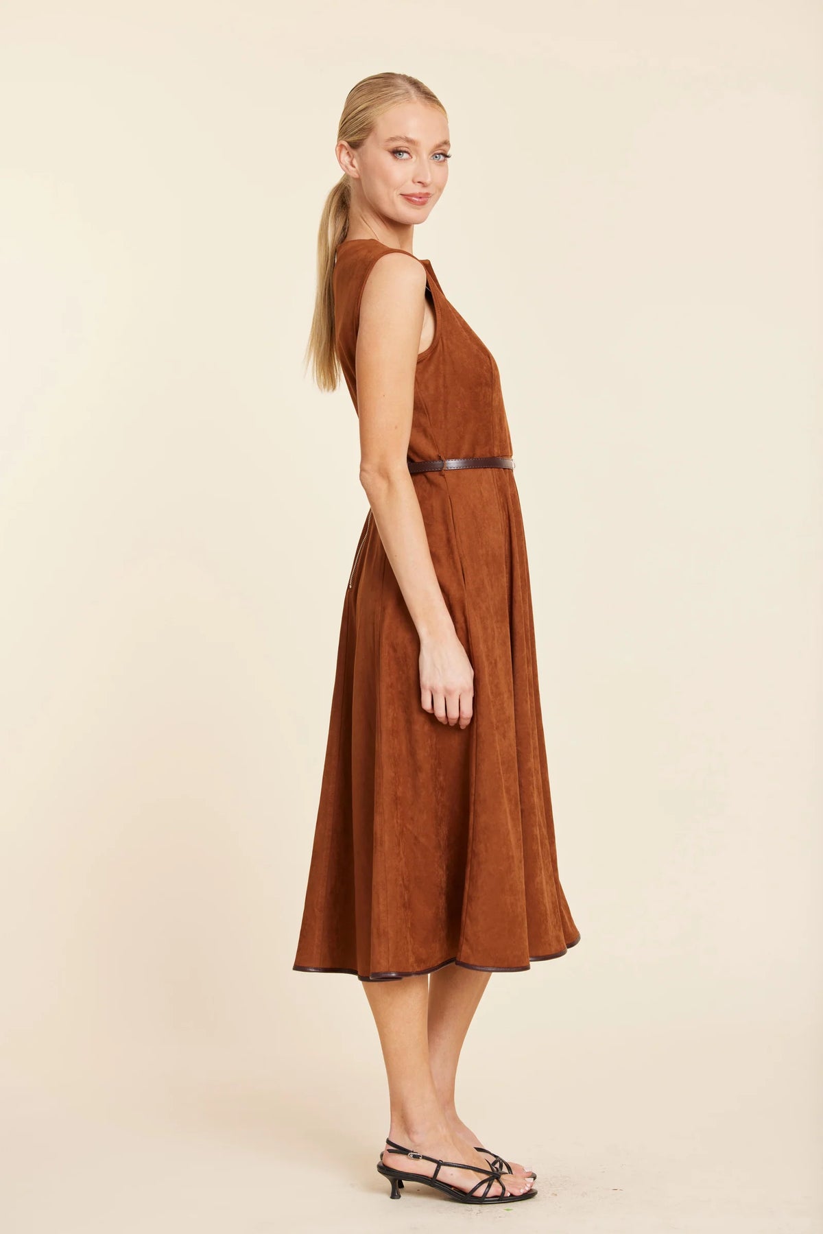Faux Suede Belted Midi Dress-Rust