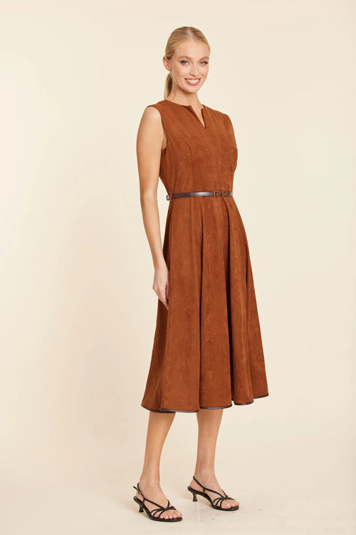 Faux Suede Belted Midi Dress-Rust