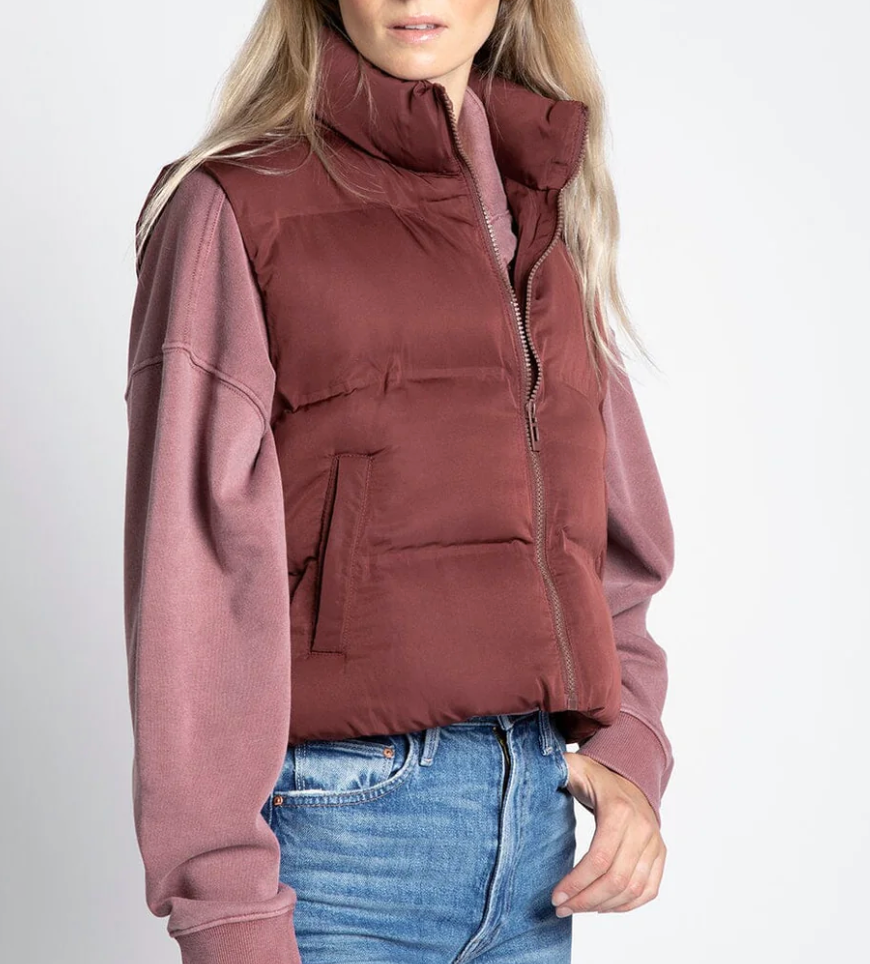 Thread & Supply Issey Cropped Puffer Vest for Women in Malbec Red