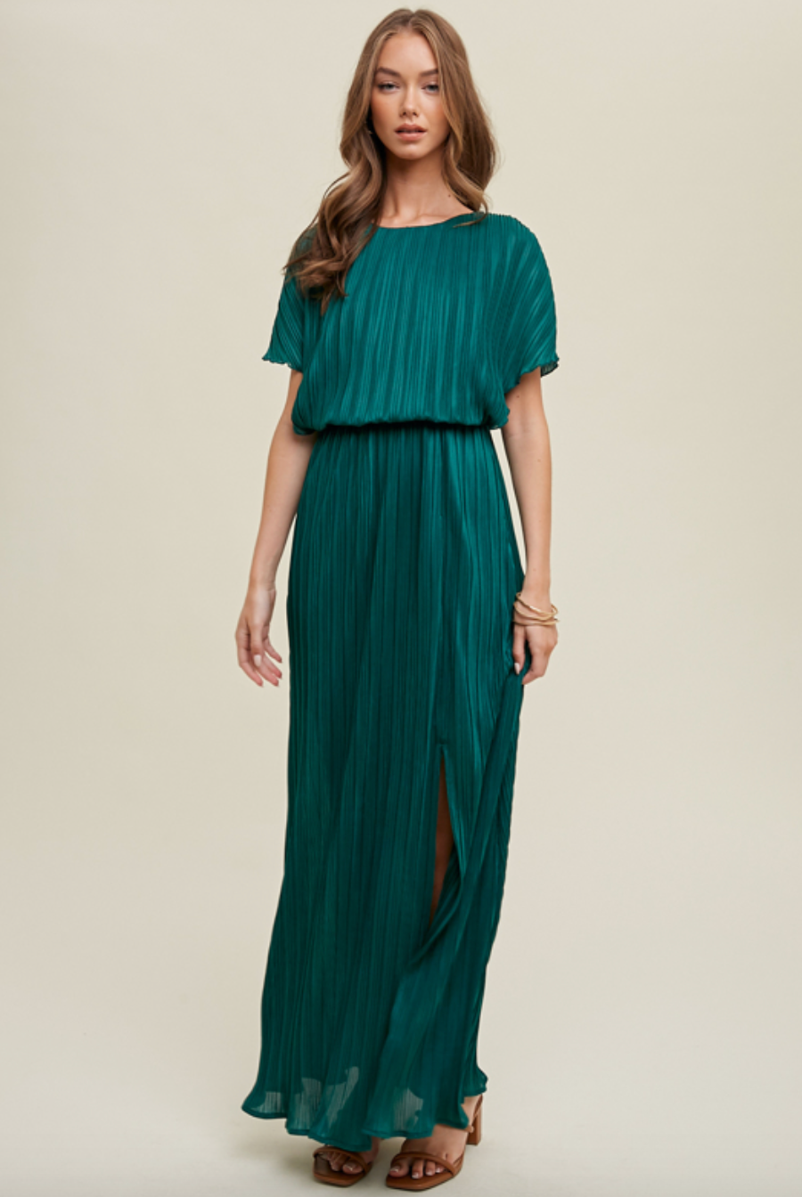 WL Pleated Maxi Dress-Emerald