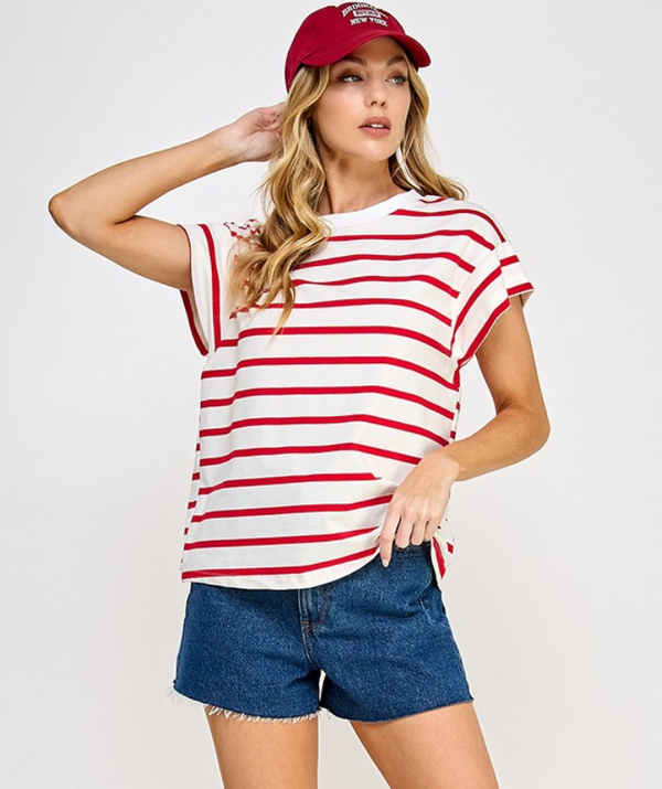 ELL Raglan Stripe Tee-Red/Wht