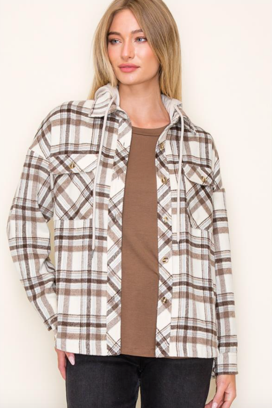 STC Plaid Shacket w/Hood-Mocha