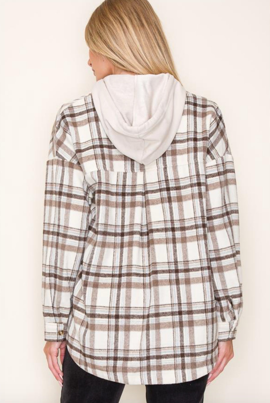 STC Plaid Shacket w/Hood-Mocha