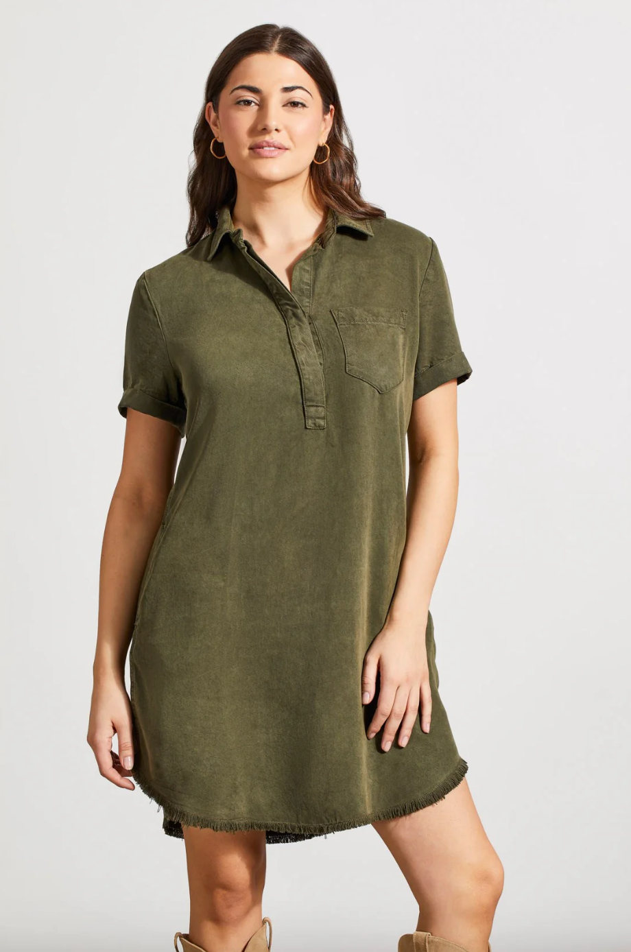 TRBL Frey Hem Shirt Dress-Olive