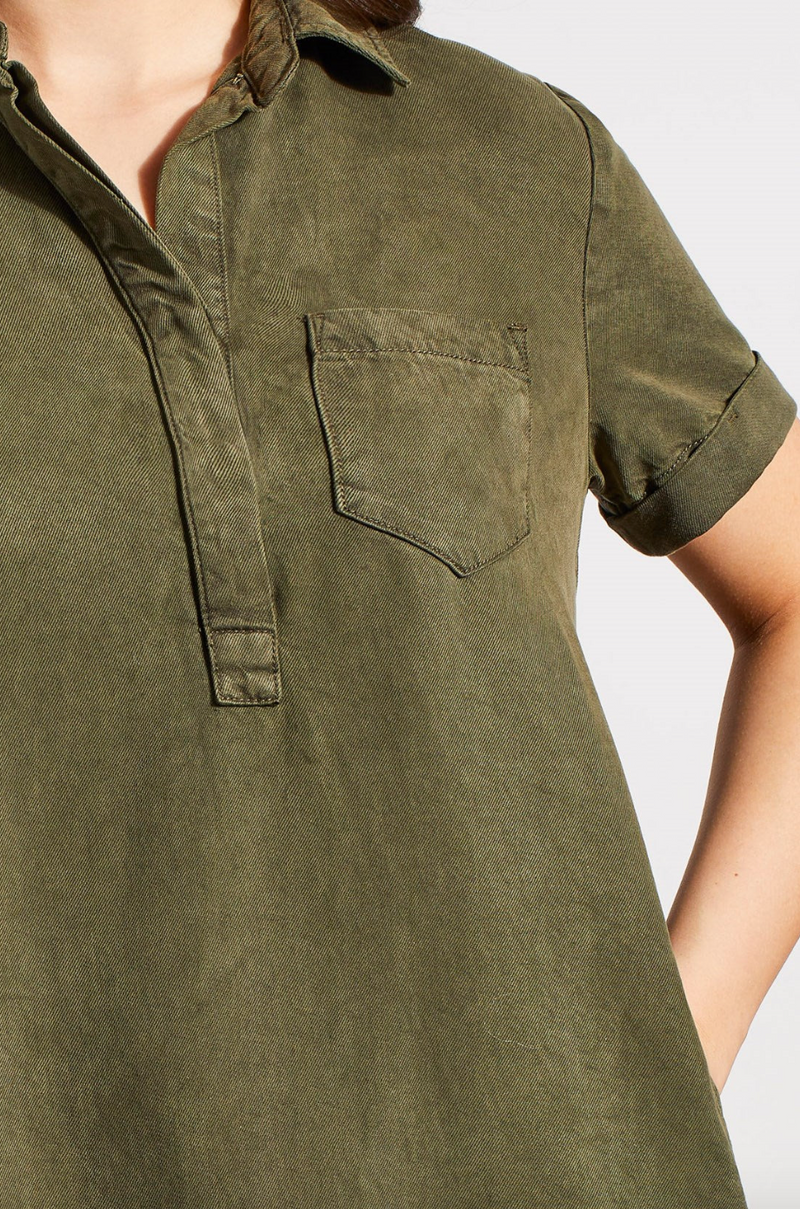 TRBL Frey Hem Shirt Dress-Olive