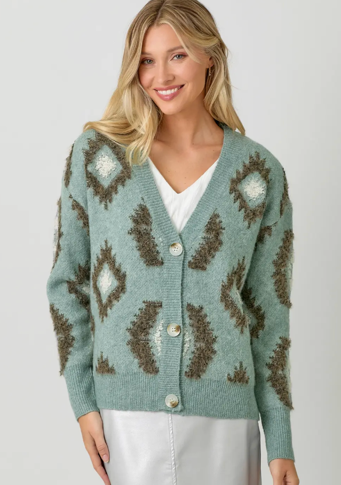 Myst Aztec Button Sweater-Teal