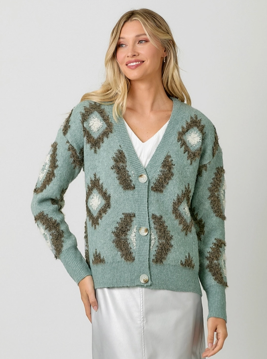 Myst Aztec Button Sweater-Teal