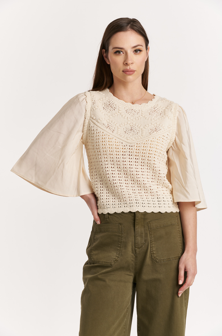 AL Mixed Fabric Top-Cream