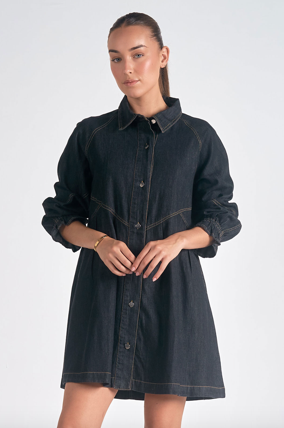 ELN Babydoll LS Dress-Dark Denim