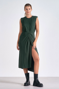 ELN Front Slit Midi Dress-Green