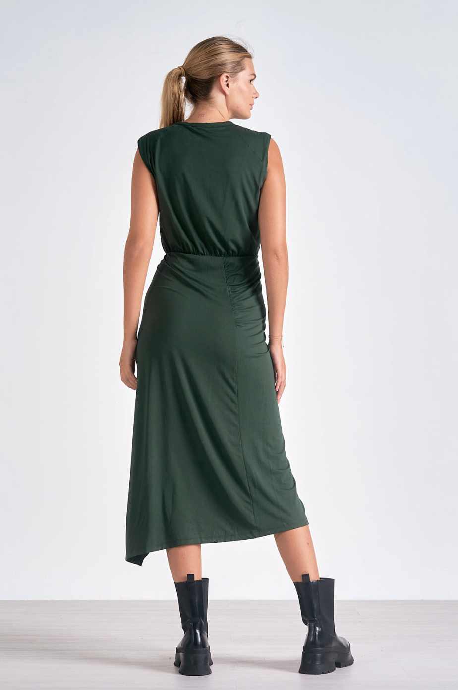 ELN Front Slit Midi Dress-Green