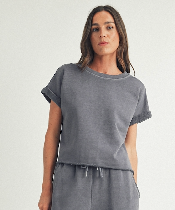 EG Raw Edge Short Sleeve Sweatshirt-Charcoal