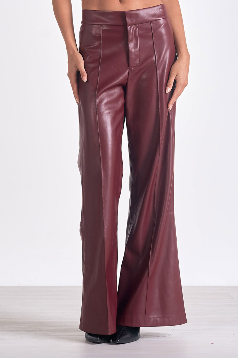 ELN Faux Leather Wide Leg Pant-Burgundy