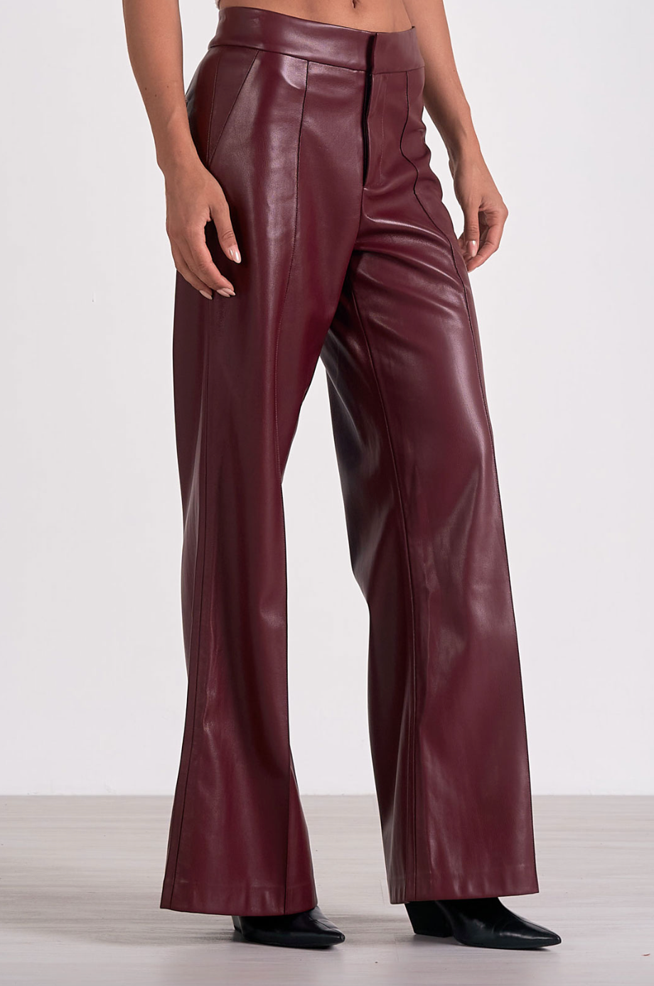 ELN Faux Leather Wide Leg Pant-Burgundy