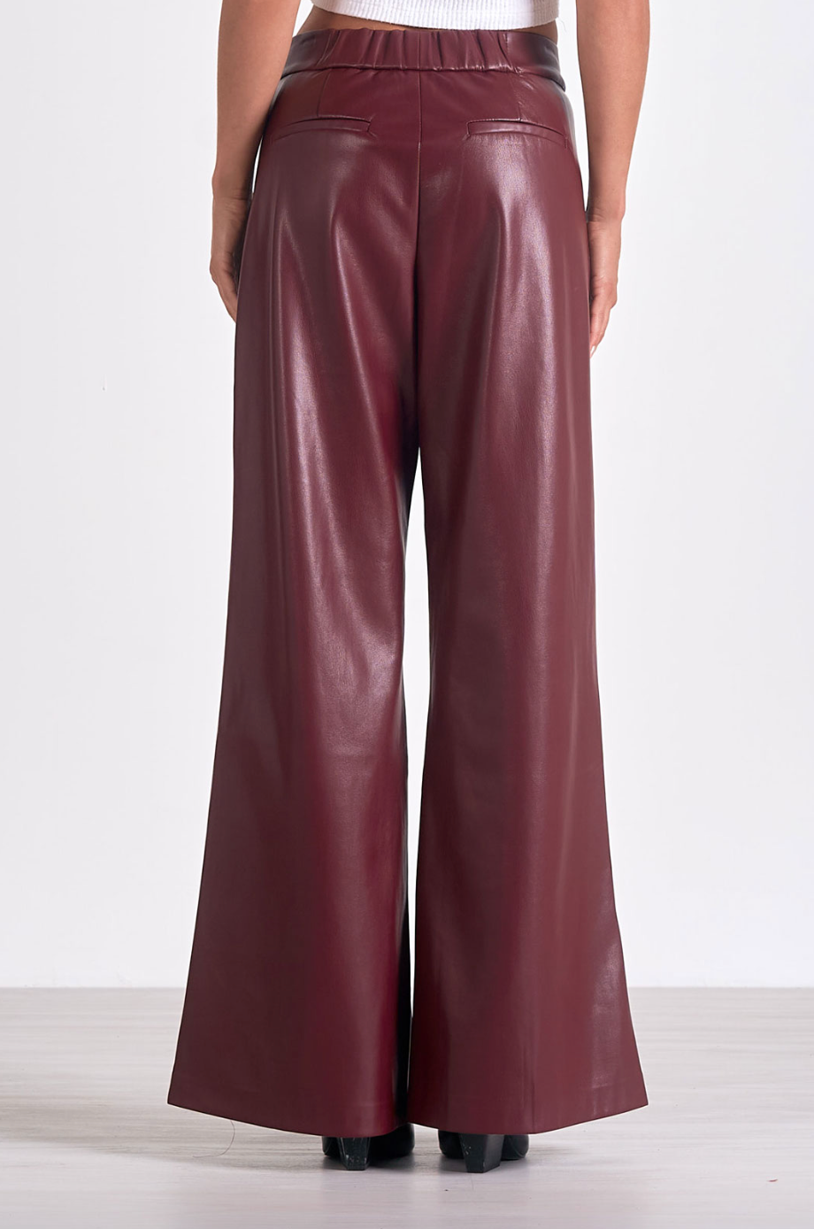 ELN Faux Leather Wide Leg Pant-Burgundy