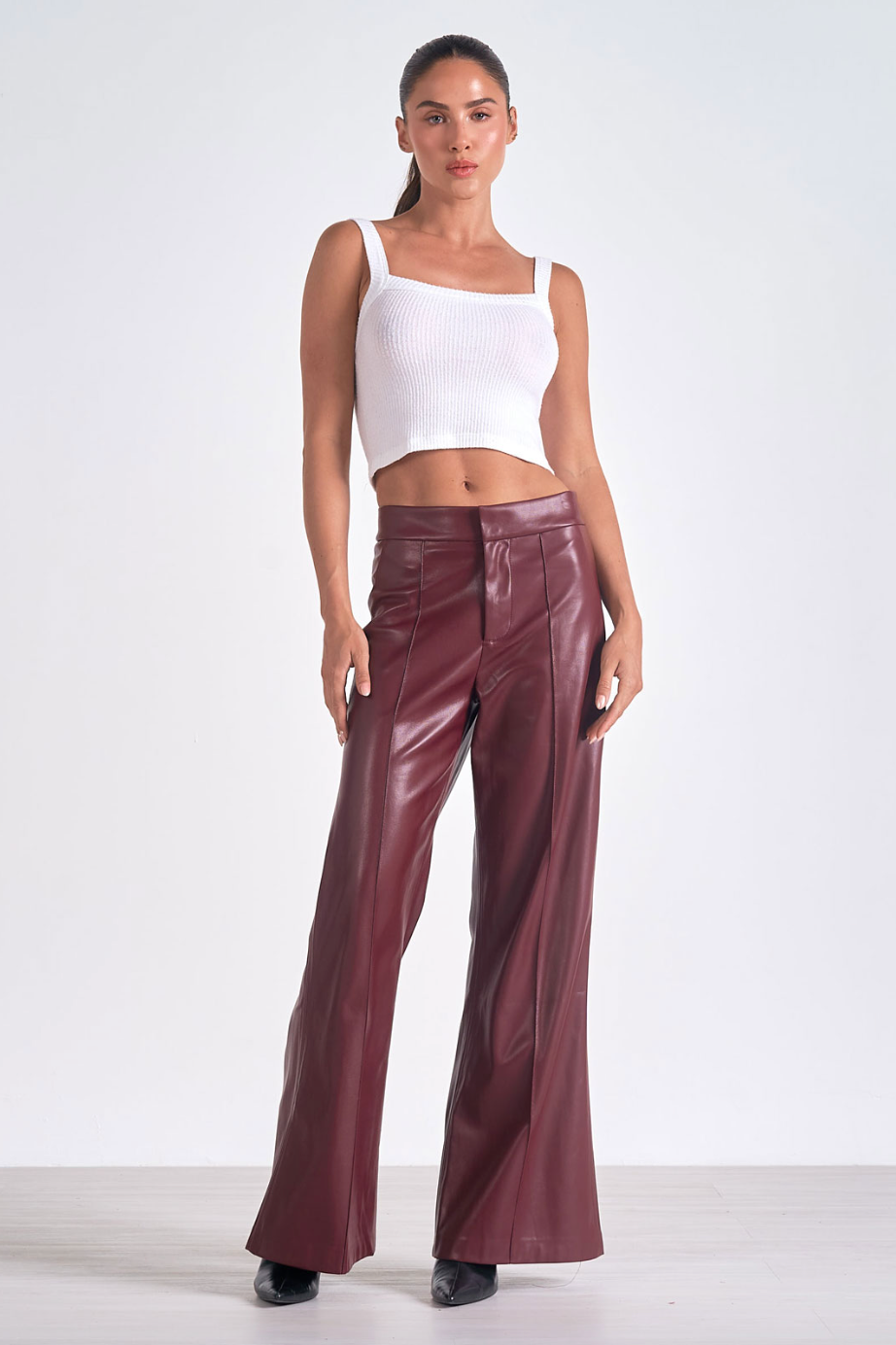 ELN Faux Leather Wide Leg Pant-Burgundy