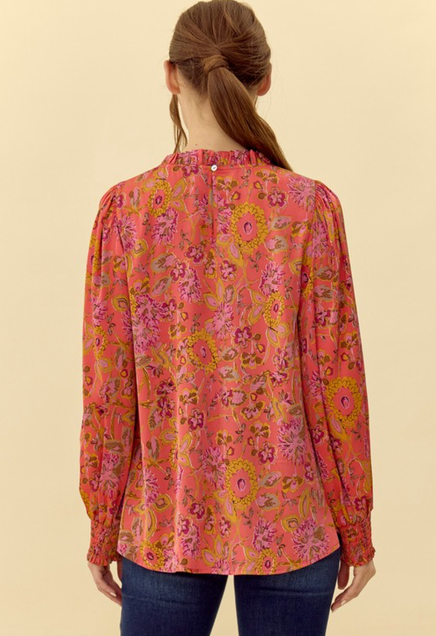 JOD Floral Satin Blouse-Coral