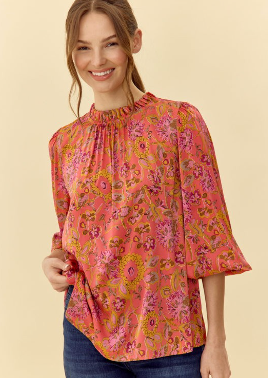 JOD Floral Satin Blouse-Coral