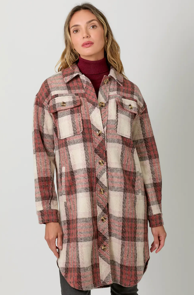 Myst Plaid Long Shacket-Red