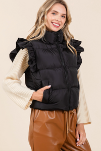 GG Ruffle Sleeve Puffer Vest-Black