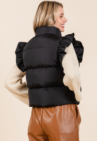 GG Ruffle Sleeve Puffer Vest-Black