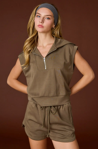 Half Zip Pullover & Shorts SET-Olive