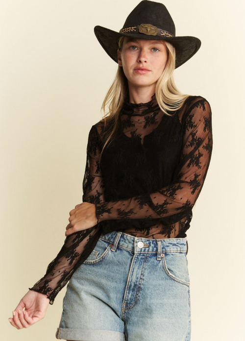 JBJ Lace Mock Neck top-Black